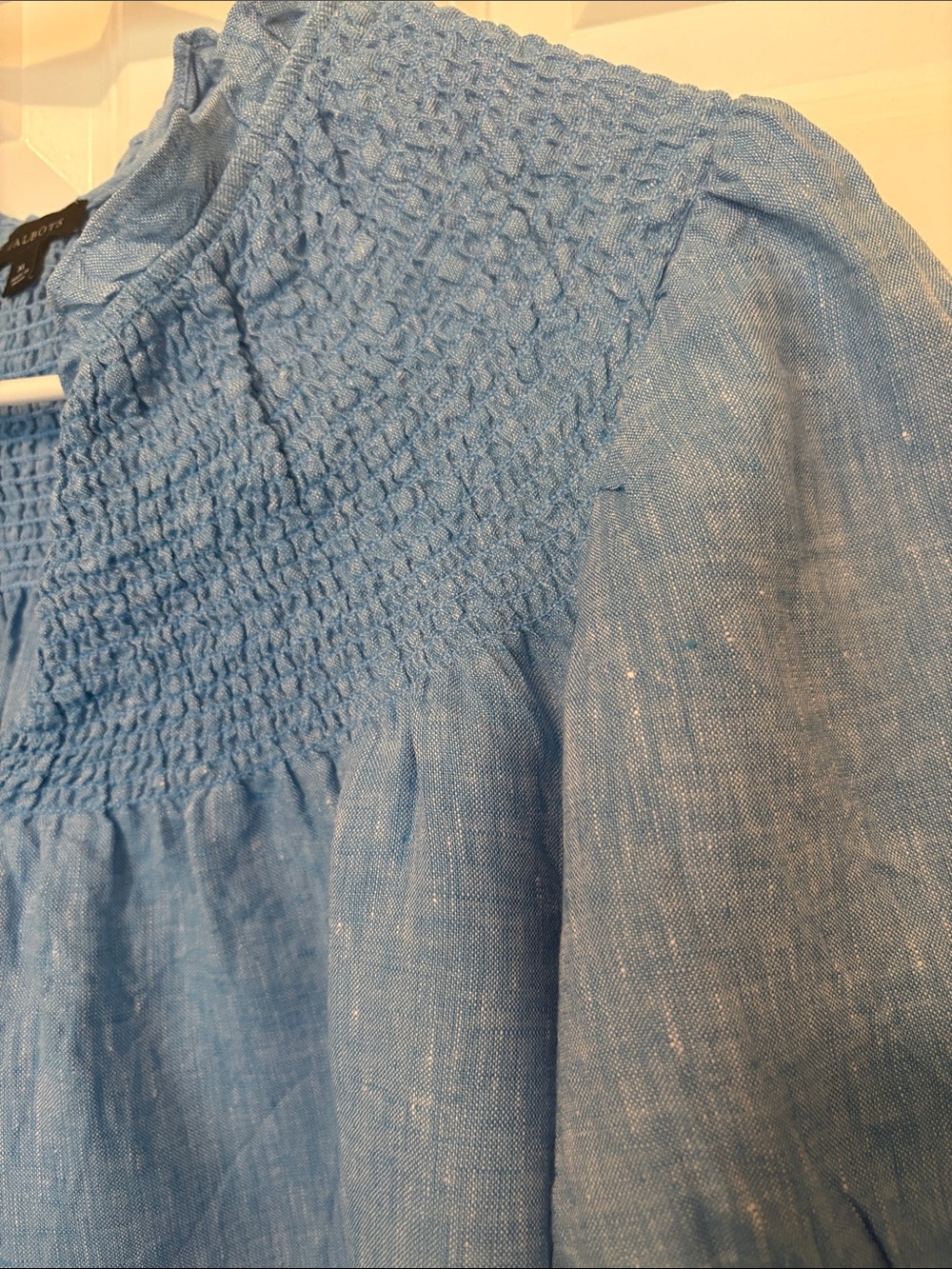Talbots Light Blue Smocked Yoke Linen Top - Picture 3 of 9